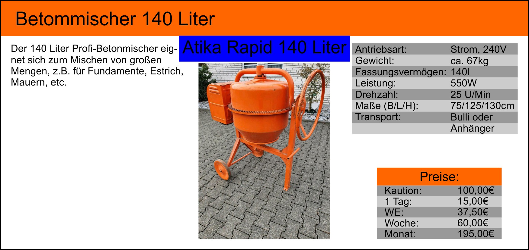 Betonmischer 140 Liter Atika mieten in Hemer